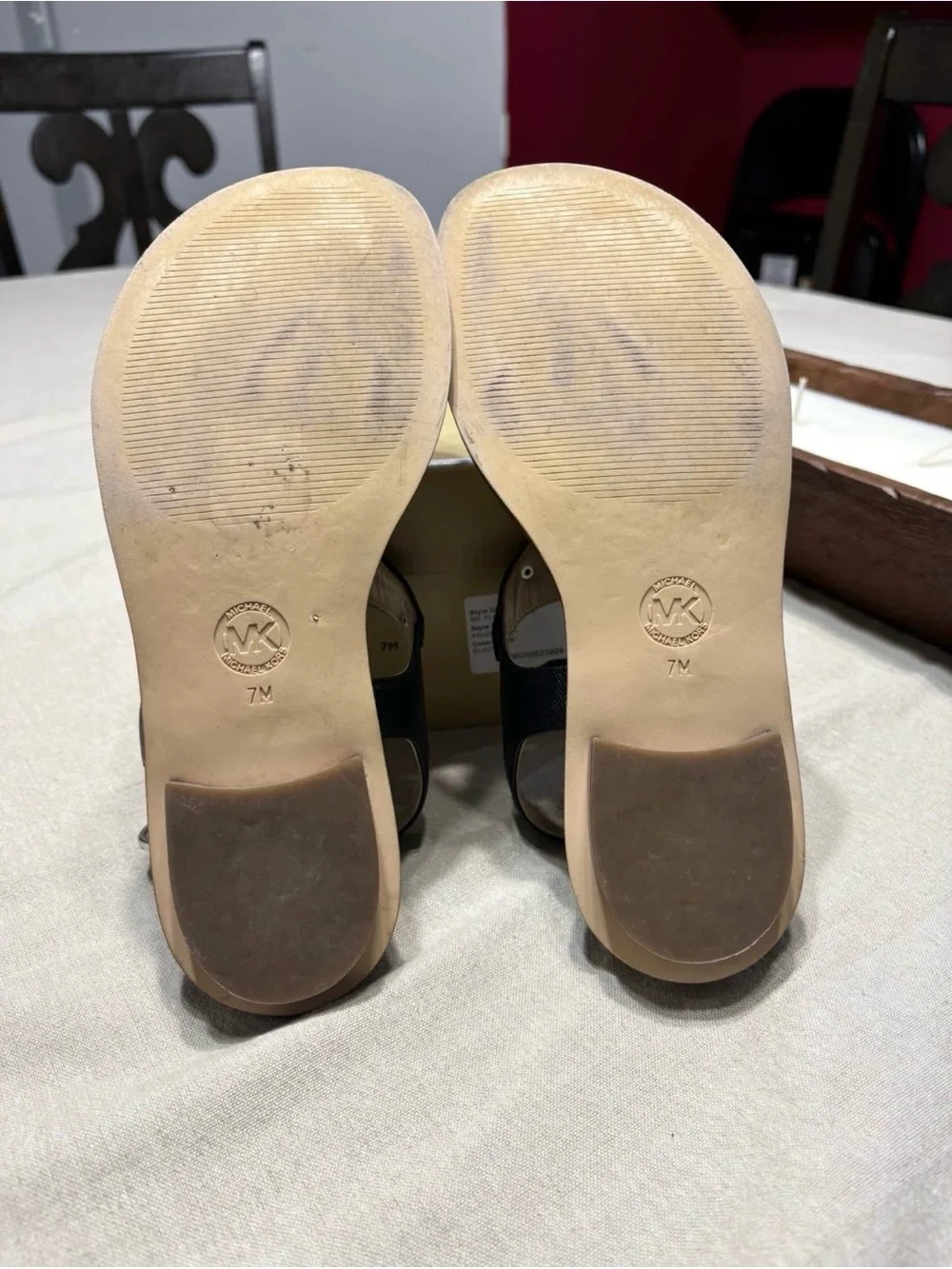 Michael Kors Black and Brown T-Strap Sandals with Logo Plate